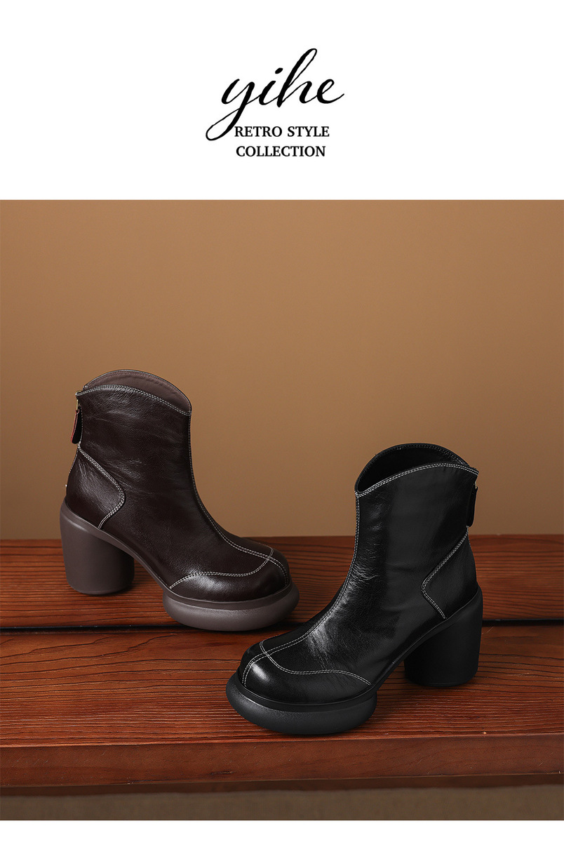 Boot nữ cổ ngắn da cừu gót thô khóa kéo sau — Lớp lót đơn màu đen, Lớp lót đơn màu nâu, Lót nhung đen, Lót nhung màu nâu