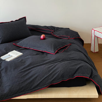 Japanese-Style Retro Simple All-Cotton Yarn-Dyed Striped Washed Cotton Four-Piece Set with Contrasting Dense Overlock Edge Duvet Cover and Fitted Sheet