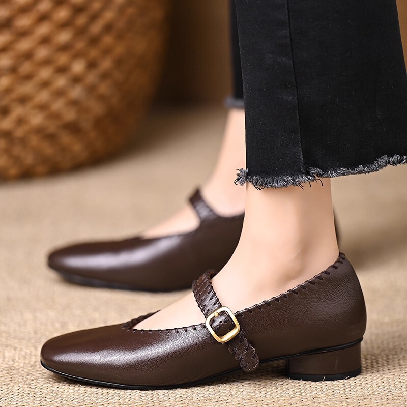Giày Mary Jane nữ gót thô 3cm mũi tròn phong cách cổ điển mềm êm — màu đen, nâu