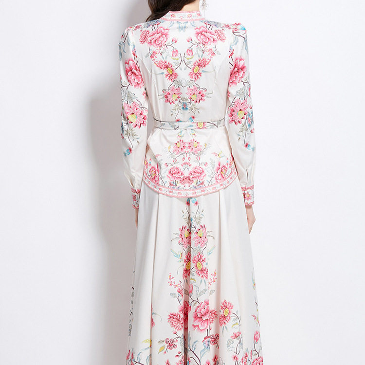 French Style Womens Two Piece Dress Set Floral Print Puff Sleeves High Waist Flared Skirt Elegant Occasion Wear