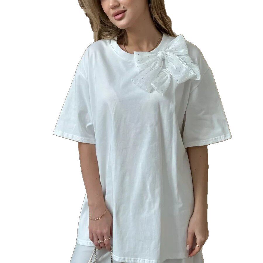 Loose Fit Womens T Shirt 3D Rhinestone Bow Cotton Fabric Short Sleeve Casual Wear for Spring Summer Wholesale
