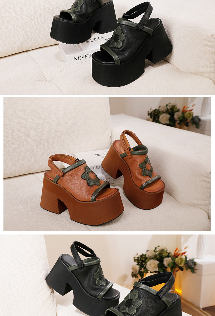 Sandal nữ da bò thật gót xuồng siêu cao trang trí hoa, quai dán tiện lợi — màu đen, Màu nâu