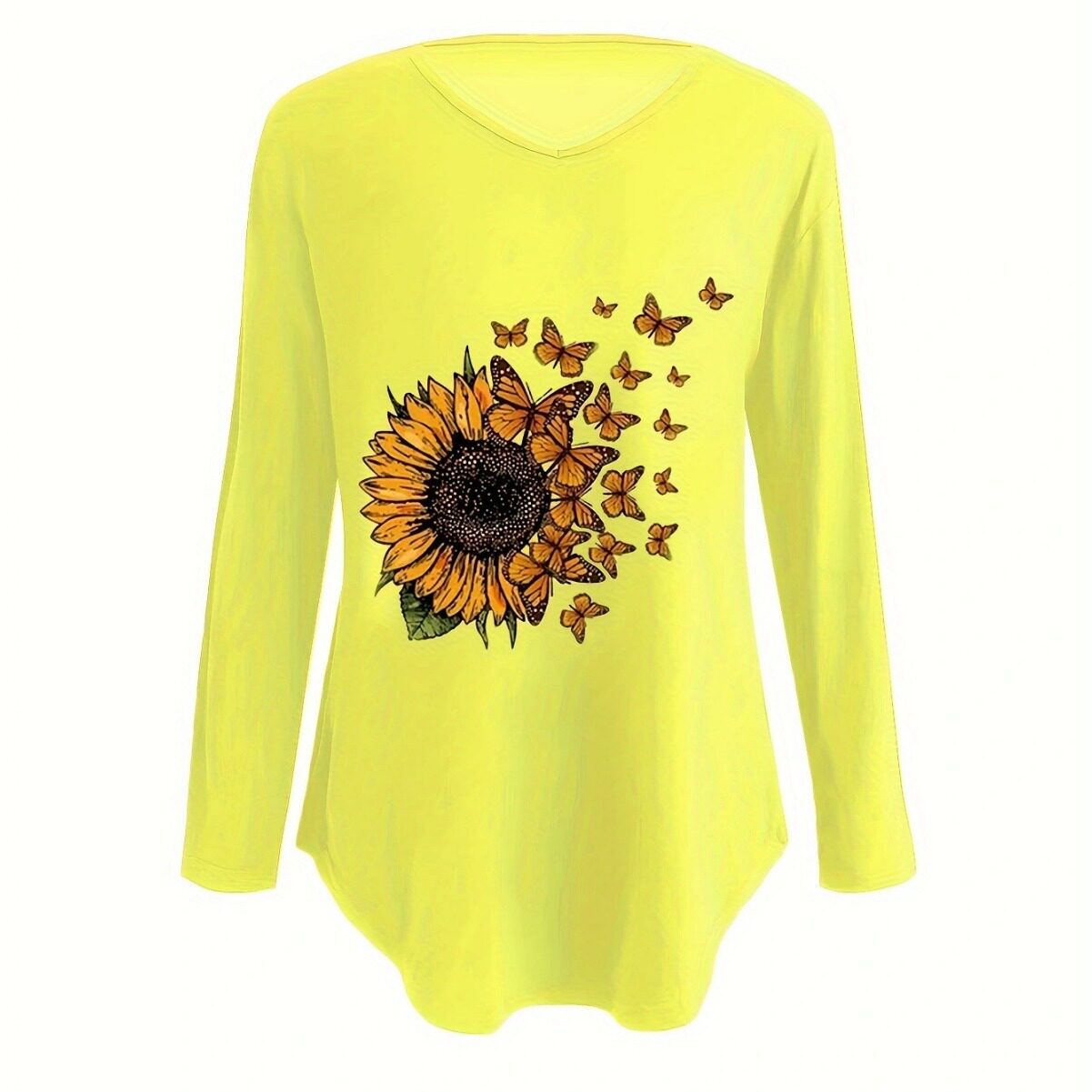 Womens Long Sleeve T Shirt V Neck Loose Fit Sunflower Print Summer Casual Wear Wholesale Available