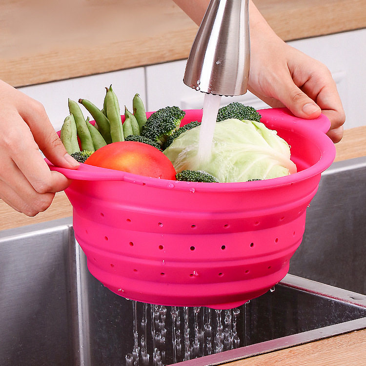 Food-Grade Silicone Foldableable Drain Basket Vegetable and Fruit Washing Basket Kitchen Round Square Drain Basket High Temperature Resistant