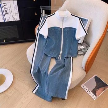 Summer New Women's Clothing Contrast Color Vertical Collar Zipper Fake Two-piece Top Wide Leg Pants Sports High-end Slimming Two-piece Set