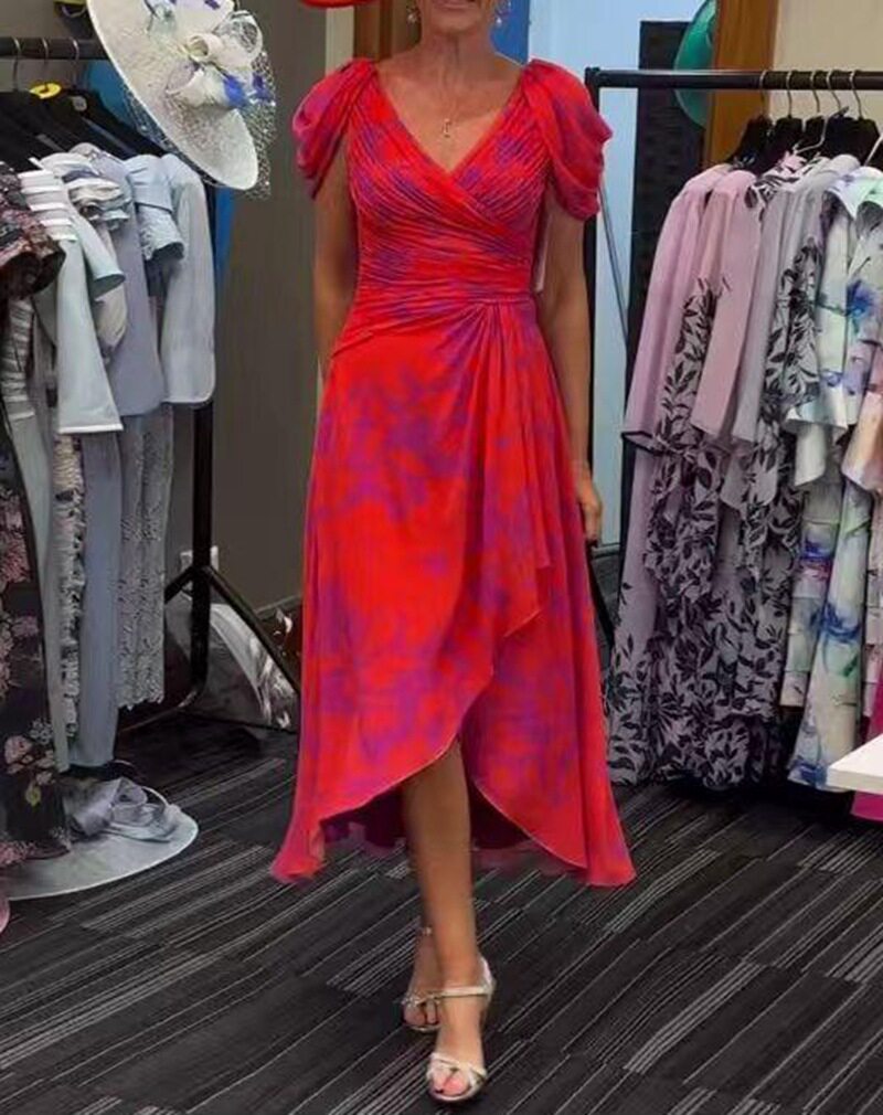 V Neck Short Sleeve Casual Printed Dress Summer Collection Slim Fit Stylish Design Perfect for Everyday Wear
