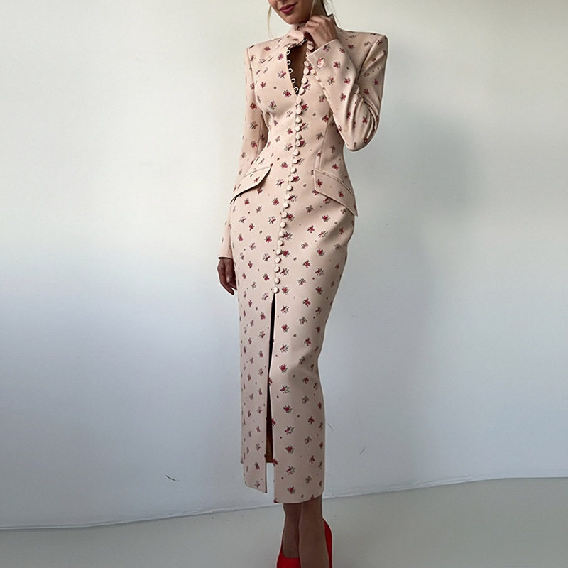 Spring Floral Print Split Hem Dress Elegant Sexy Button Closure Womens Fashion for Casual Occasions Wholesale