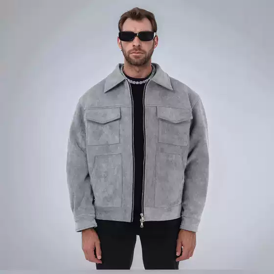 2025 Cross-Border Men's Jacket European and American Trendy Men's Jacket Deerskin Velvet Zipper Large Pocket Jacket