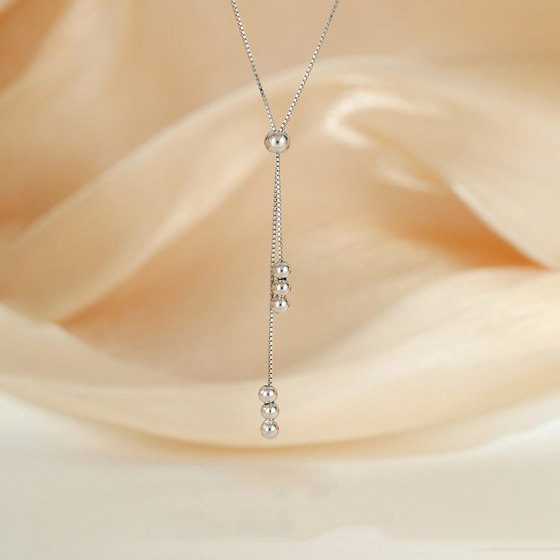 Round Bead Tassel Necklace Pull-Out Adjustable Clavicle Chain Simple Choke Necklace Niche Personalized Design Sweatshirt Chain