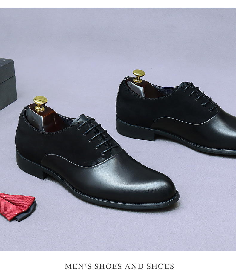 Giày Oxford nam da bò phối da lộn, mũi tròn, buộc dây, phong cách công sở — Màu đen, Màu đỏ rượu