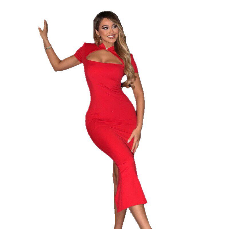 Short Sleeve Qipao Dress Solid Color Slim Fit Elegant Pencil Skirt Perfect for Formal Occasions OEM Available