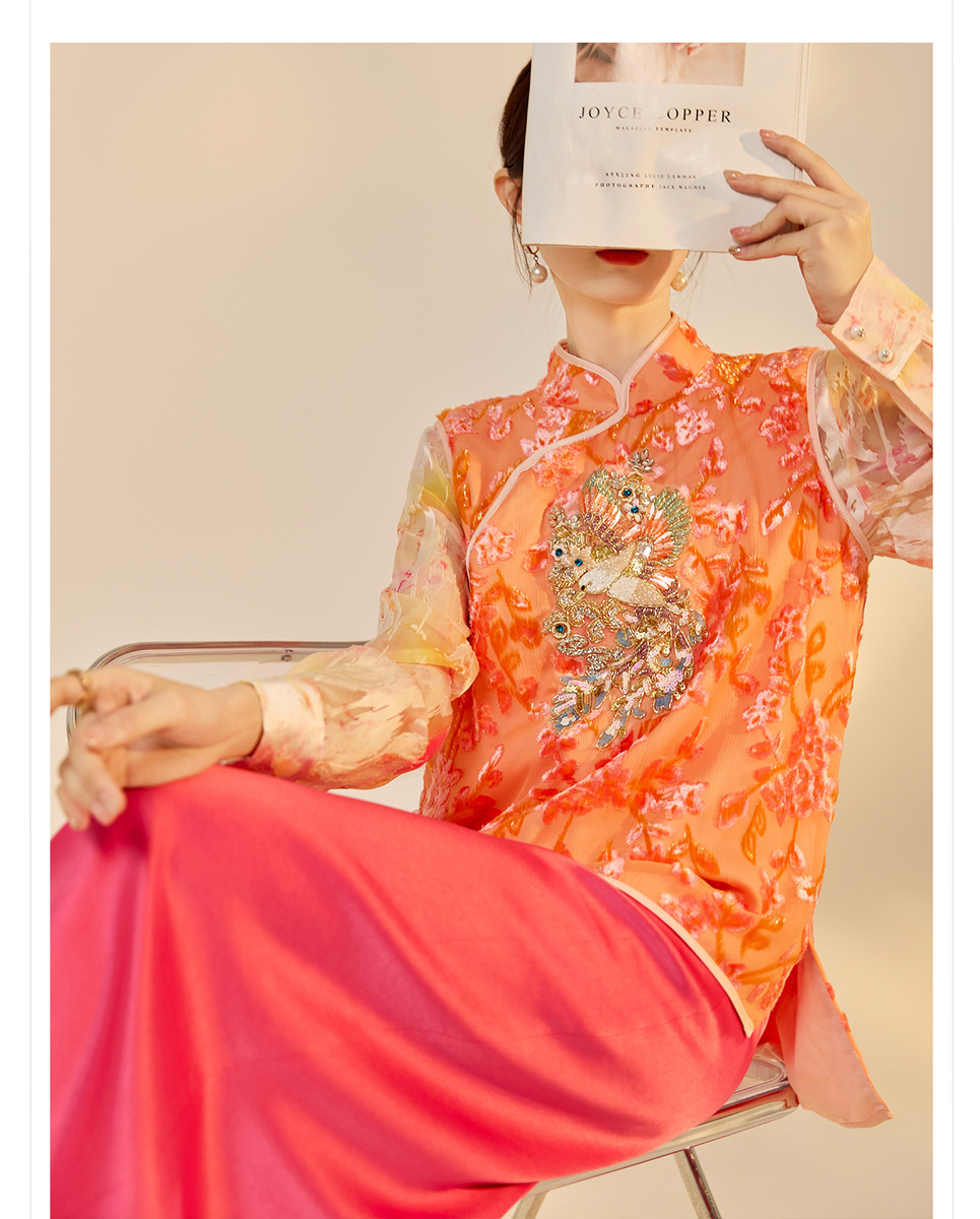 Áo gile nữ lụa tơ tằm thêu hoa cổ đứng dáng ôm