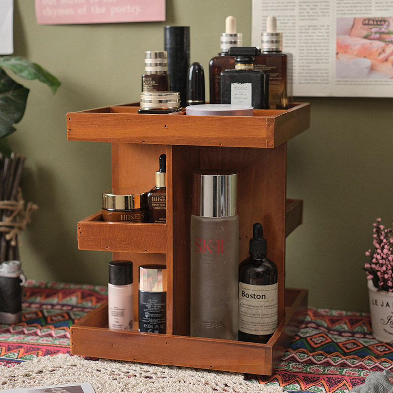 Cosmetics Storage Box 360-Degree Rotating Dressing Table Layered Organizer Desktop Lipstick Wooden Skin Care Product Storage Rack