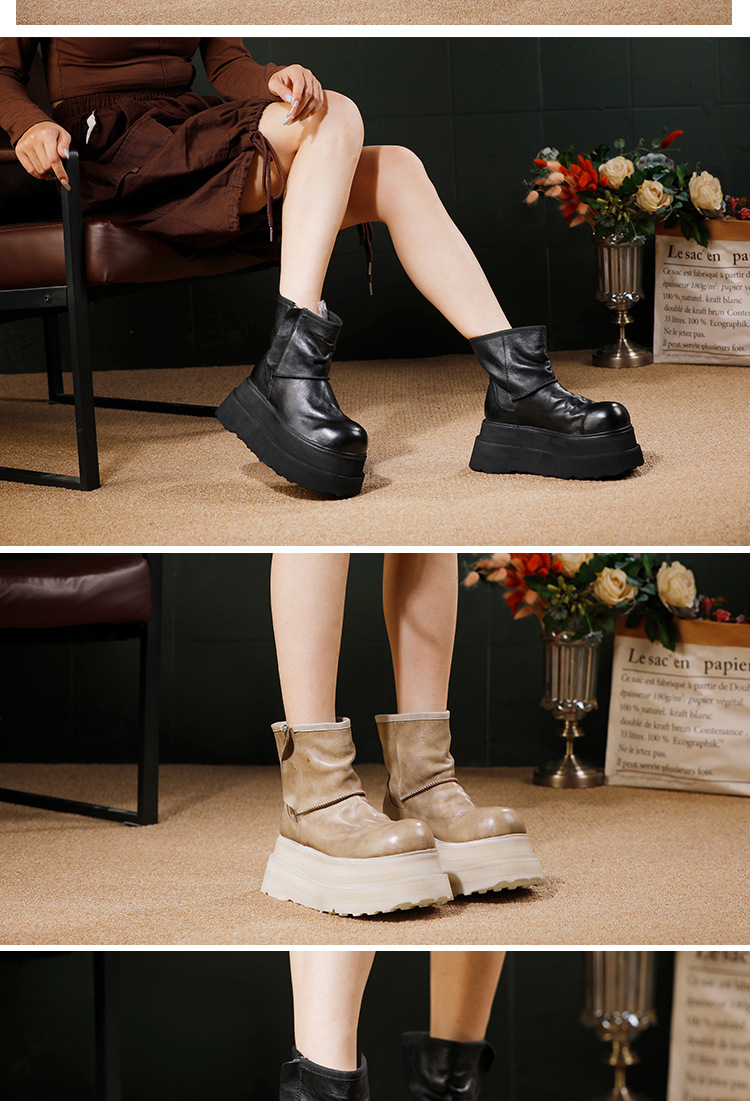 Boot nữ cổ thấp đế dày da bò đầu lớp lót da cừu tăng chiều cao — đen, quần kaki