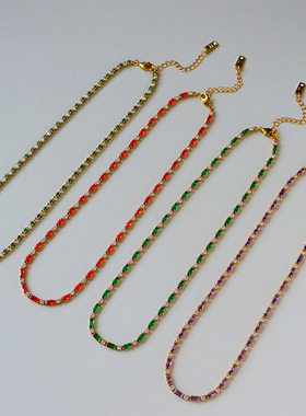 欧美轻奢时尚彩色方形锆石多巴胺项链女百搭级感简约小众锁骨链