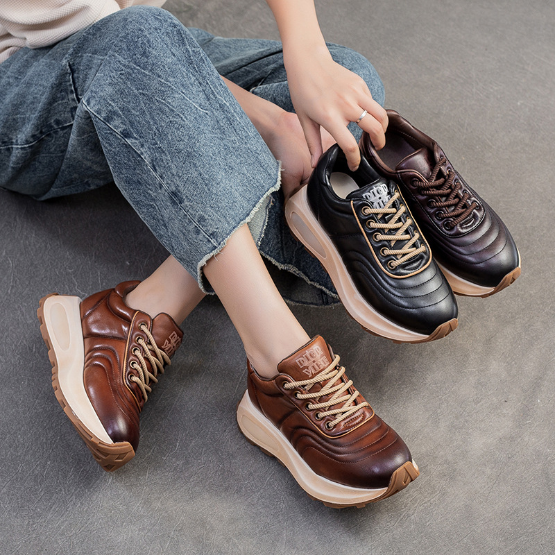 Giày Thể Thao Nữ Chất Liệu Da Bò Mũi Tròn Tăng Chiều Cao Hàng Mùa Xuân Thu Đông Phục Cổ Cổ Điển