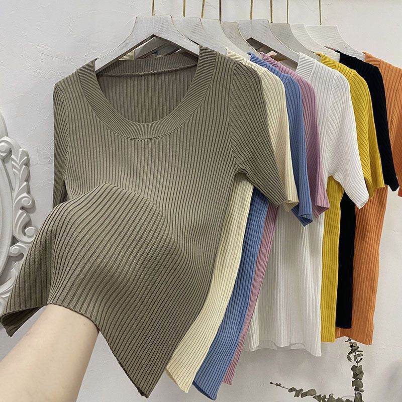 Womens Soft Ice Silk Knit T Shirt Low Round Neck Slim Fit Trendy Design Summer Casual Wear OEM Available