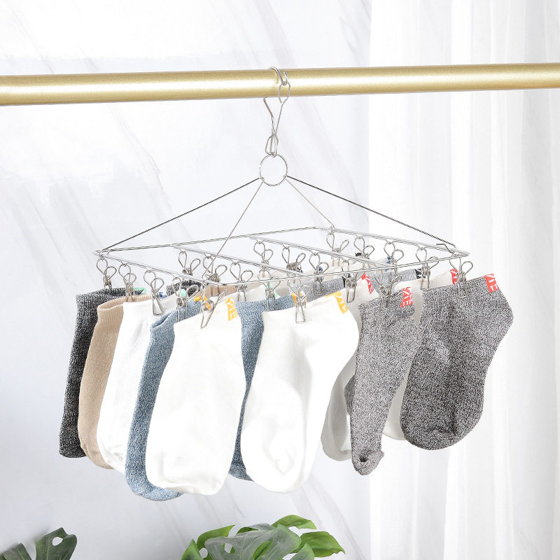 Household Cooling and Drying Socks Rack Underwear Baby Multi-functional Clip Hook Stainless Steel Socks Rack Multi-clip Hanger