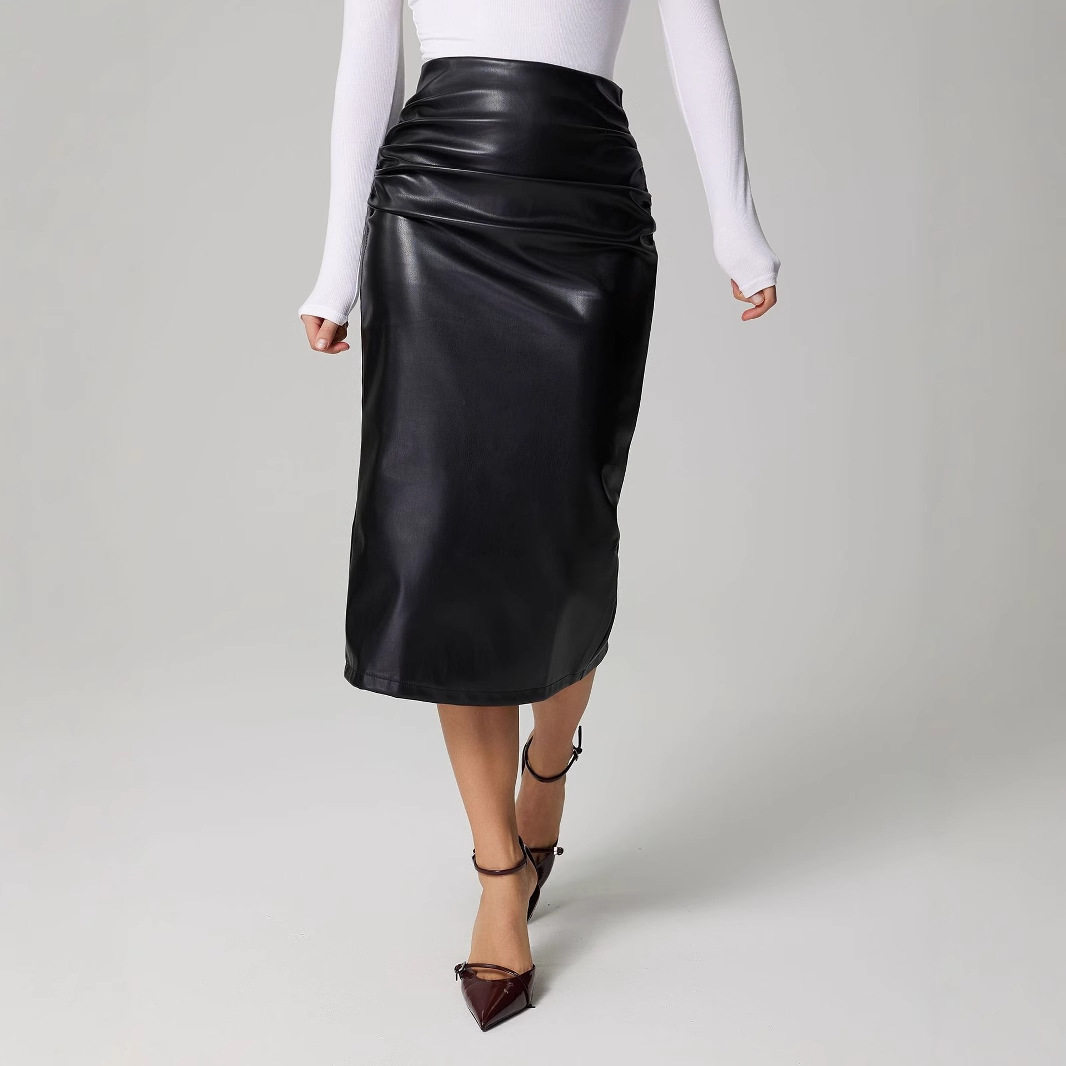 PU Bodycon Skirt High Slit Ruched Design Elegant Style Perfect for Parties and Night Out Ready to Ship