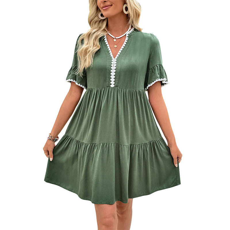 Floral Lace Trimmed V Neck Dress Loose Fit French Country Style Green Color Perfect for Spring Summer Events