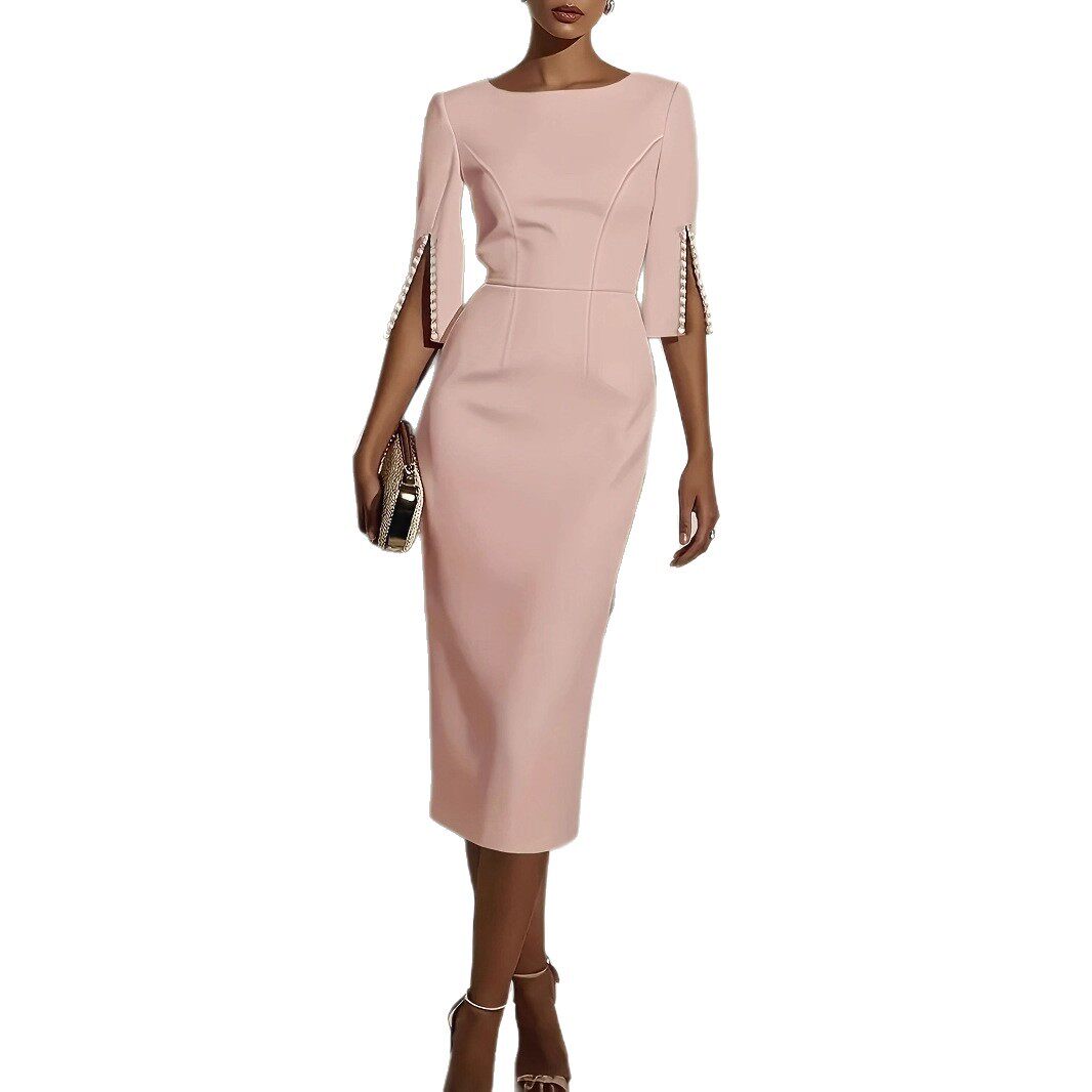 2025新款欧美亚马逊跨境 春夏季纯色通勤钉珠修身优雅连衣裙女装