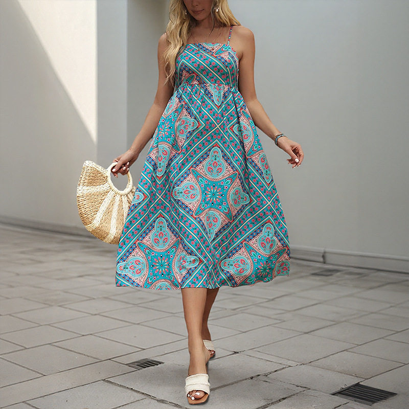 Vintage Inspired Floral Print Maxi Dress Waist Defining Sleeveless Bohemian Style Perfect for Summer Vacations