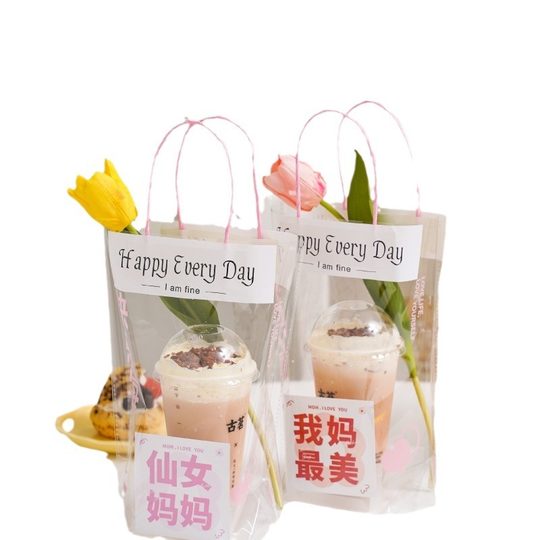 Ins Internet Celebrity Milk Tea Coffee Bag Transparent Take-out Packaging Bag Mother's Day Gift Bag One Cup Bag Two Cup Bag