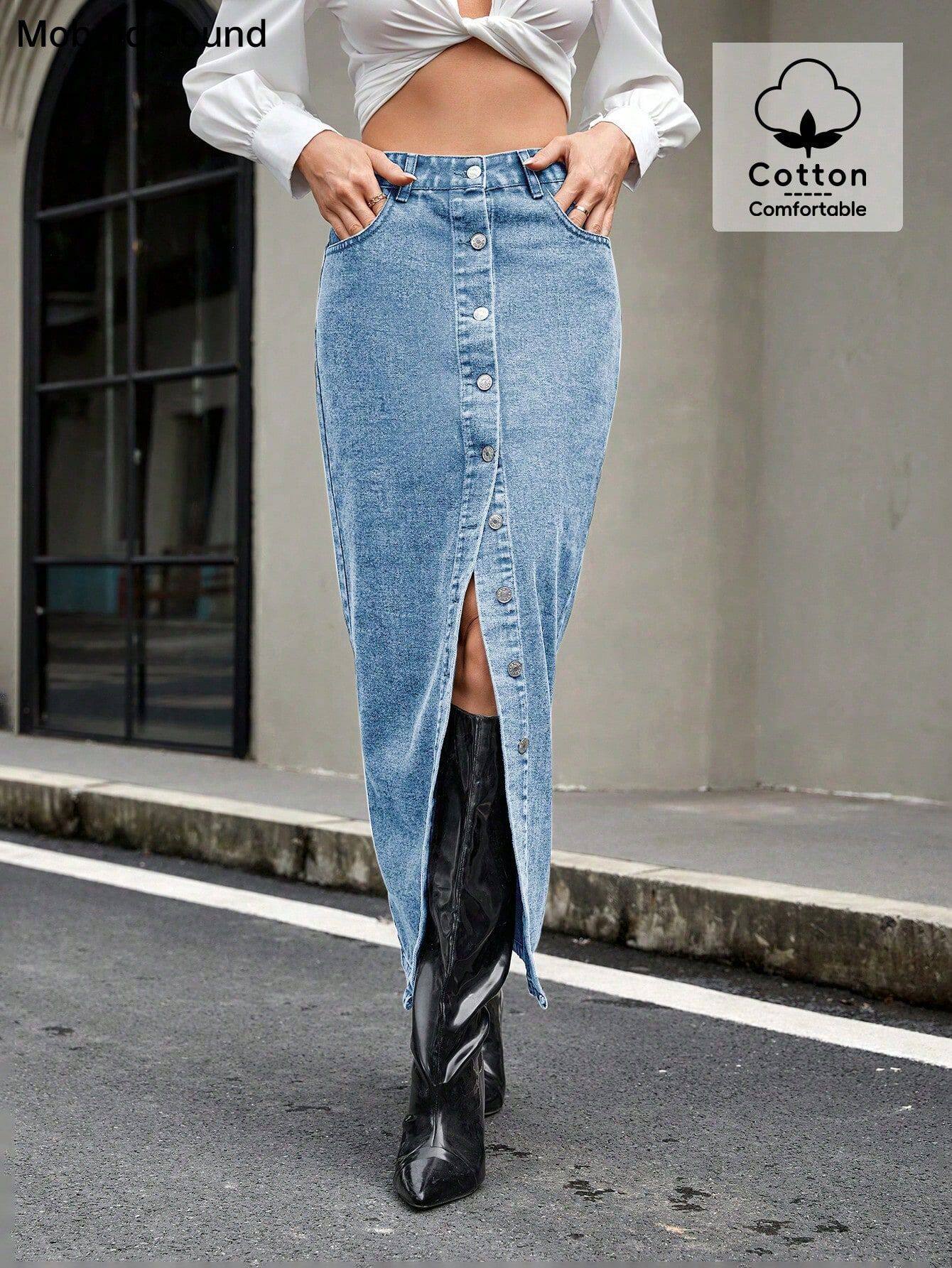 Vintage Inspired Denim Skirt Multi Button Design Trendy Style Casual Wear Ready to Ship Low MOQ
