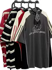 Plus Size Couple Summer New Style American Retro Contrast Stitching Short Sleeve T-Shirt for Men and Women High-Street Hip Hop Top