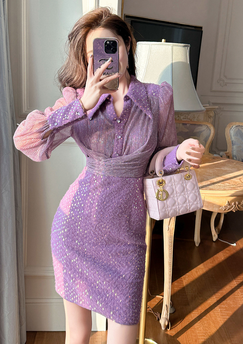 Đầm nữ cổ polo thắt nút phối sequin dáng ôm — Màu thạch anh tím