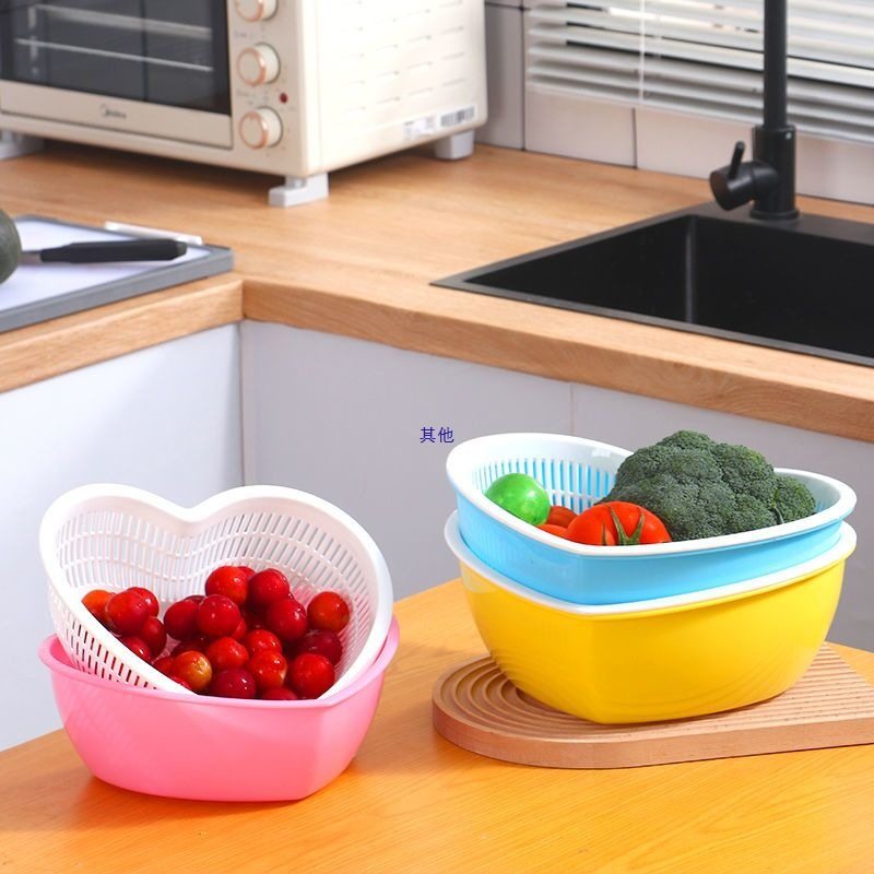 Double-Layer Fruit and Vegetable Drain Basket Plastic Fruit Basin Vegetable Washing Basket Kitchen Living Room Home Vegetable Washing Basin Complete Set