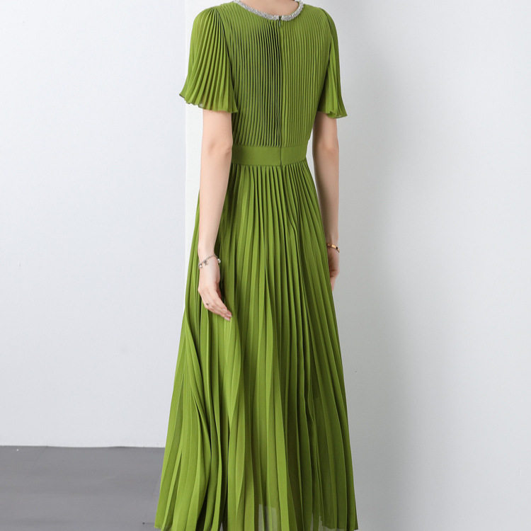 Elegant V Neck Short Sleeve Dress Rhinestone Embellished Waist Defining Pleated Long Skirt Perfect for Formal