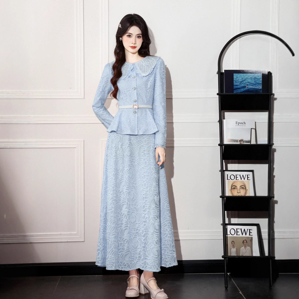 French Style Elegant Womens Two Piece Set Embroidered Beaded Doll Collar Waist Tie Long Sleeve Top High Waist Skirt