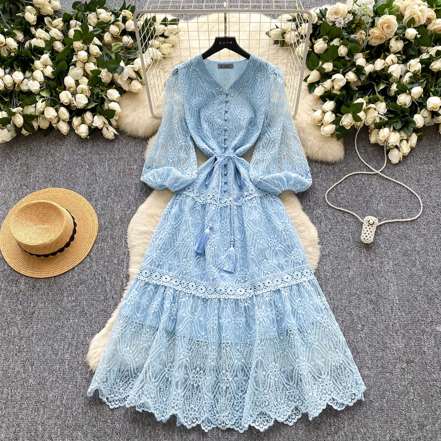 Elegant Womens A Line Dress with Lantern Sleeves and Embroidery in Multiple Colors for Formal Occasions Wholesale