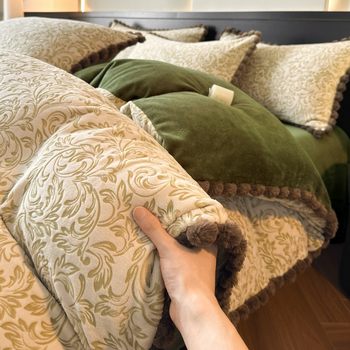 Class a Rabbit Fur Ball Milk Velvet Thickened Four-Piece Bedding Set for Winter, Carved Coral Velvet Bed Sheet and Duvet Cover Three-Piece Set