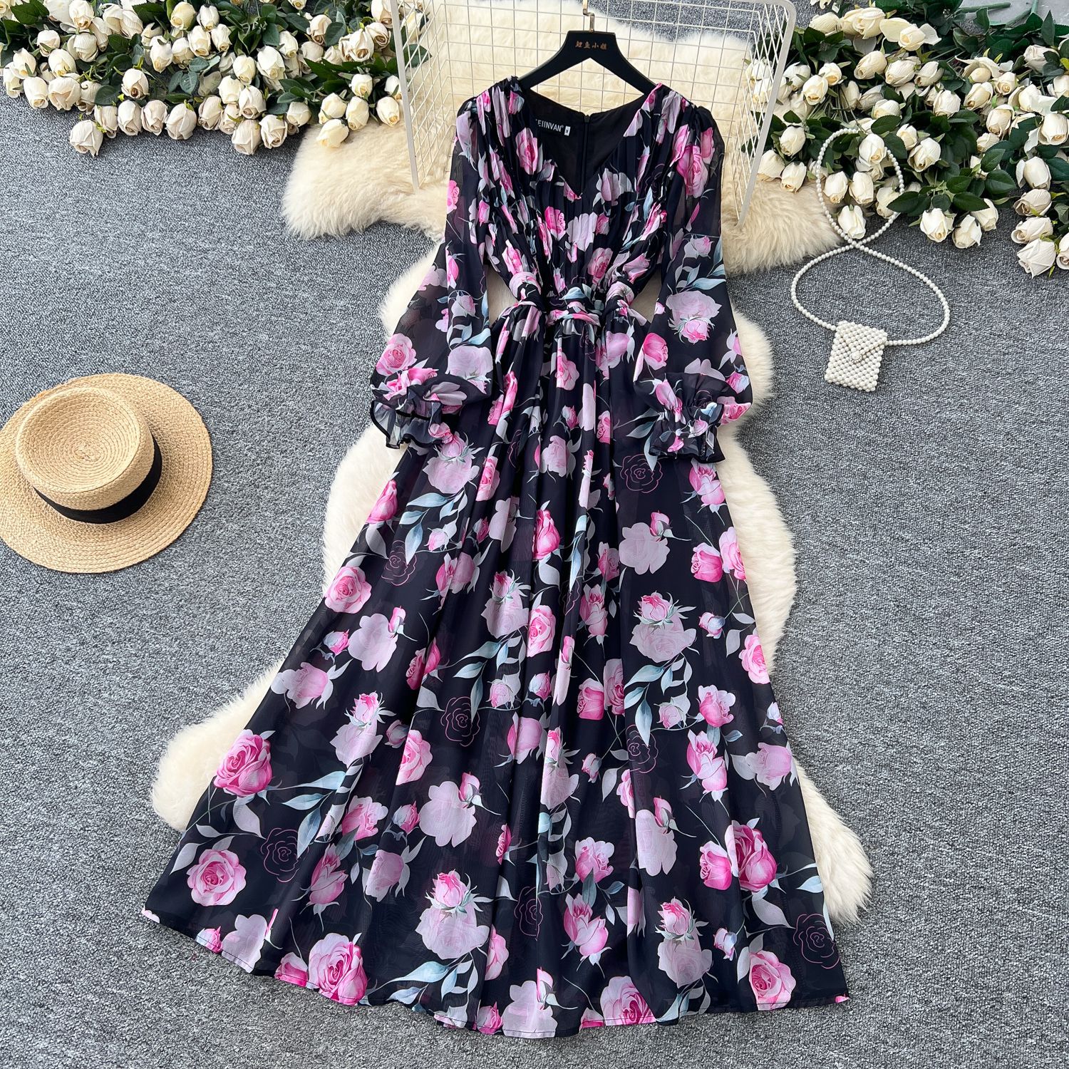 Elegant French Style Maxi Dress for Women High End Waist Defining Floral Print Lightweight Chiffon Perfect for