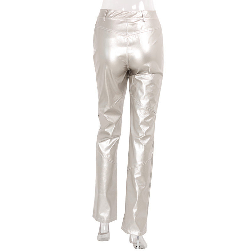 Womens Street Style Silver Foil Wide Leg Trousers Casual Loose Fit Versatile Design Perfect for Everyday Wear