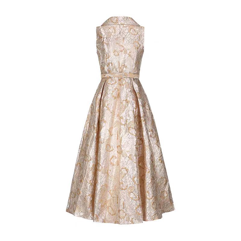 Elegant Floral A Line Dress Sleeveless Waist Tie Slim Fit Summer Style Perfect for Parties or Formal Events
