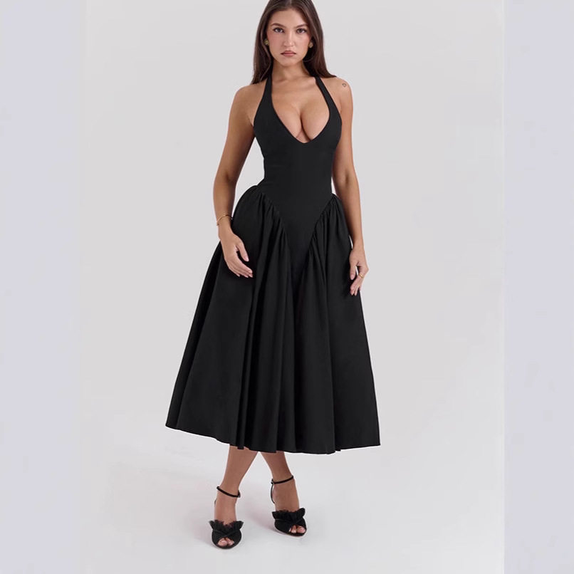 Deep V Neck Halter Backless Dress Slim Fit Elegant Style High Quality Fabric Perfect for Evening Events OEM