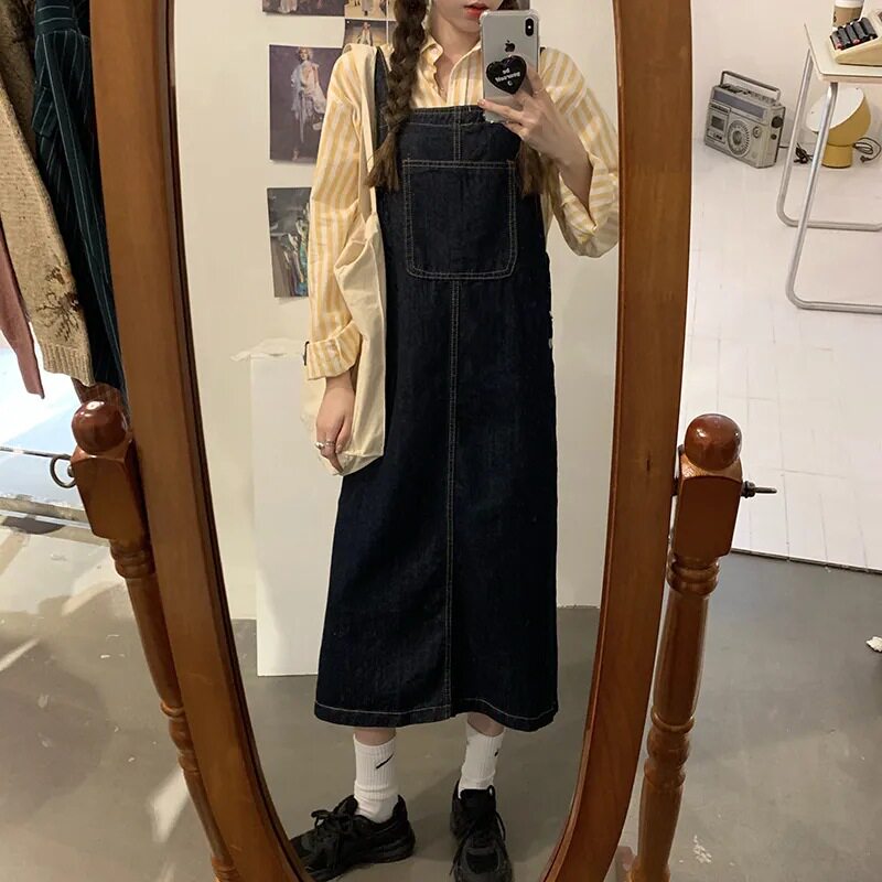 Womens Vintage Denim Midi Suspender Dress Loose Fit Versatile Style Spring and Autumn Fashion Wholesale Available