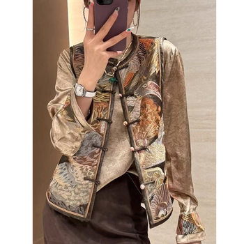 High-End Chinese-Style Heavy Embroidery Round-Neck Button Vest Top for Women, 2025 Autumn Jacket