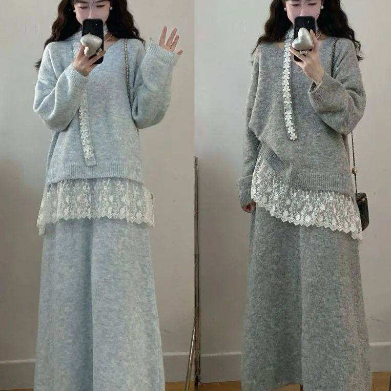 Plus Size Women's Autumn and Winter Design, Gentle Style Lace Splicing Sweater Top + Slimming Look Skirt Two-Piece Set