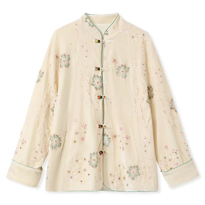 Áo khoác dạ nữ thêu cườm cổ đứng dáng suông — mơ, Mơ [phiên bản cotton]