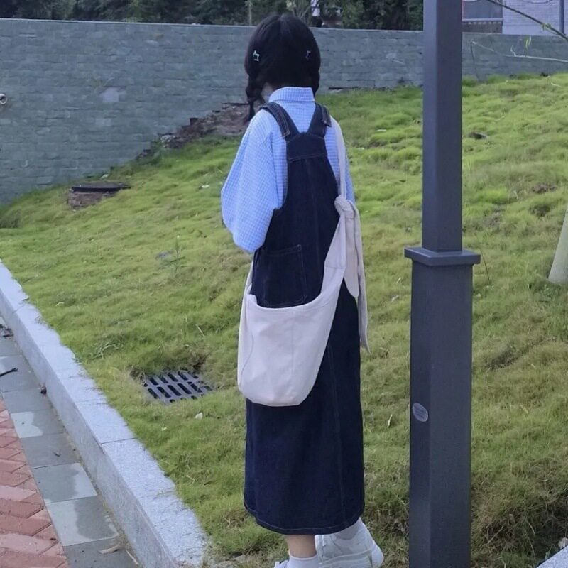 Denim Suspender Dress Loose Fit Mid Length Solid Color Spring and Autumn Casual Wear Wholesale Available