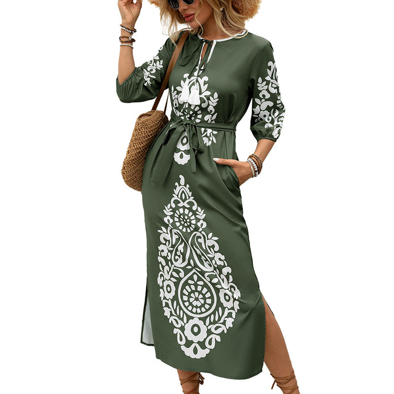 Vintage Bohemian Print Maxi Dress Casual Beach Vacation Comfortable Fit Available for Wholesale