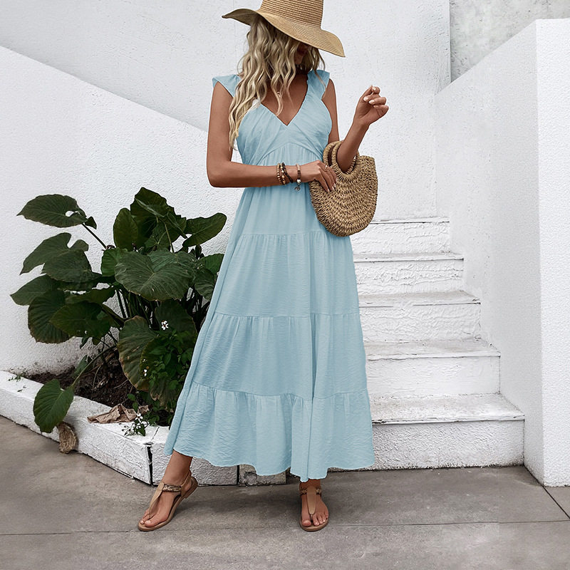 Sleeveless V Neck White Dress Simple Design Beach Vacation Style Lightweight Fabric Wholesale Available