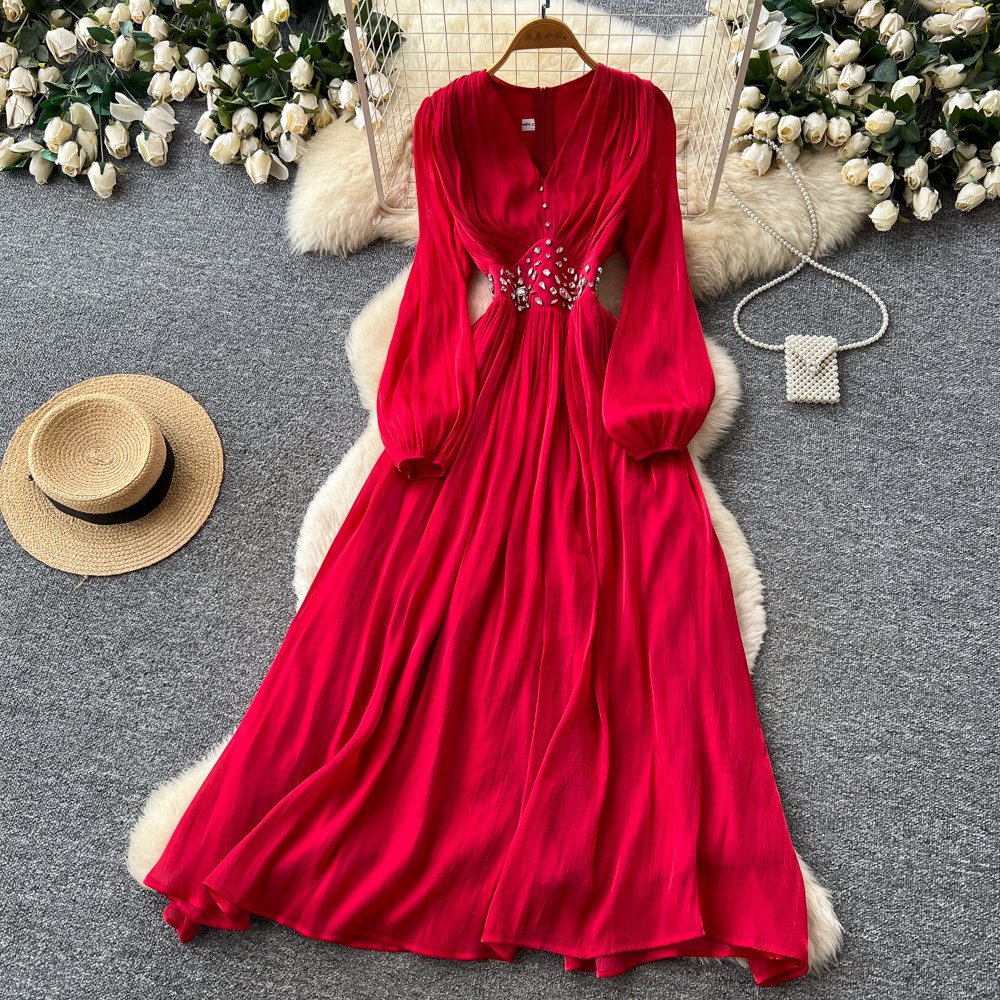 Vintage French Style Red V Neck Lantern Sleeve Beaded Maxi Dress for Women Slim Fit Elegant Flowy Design Perfect for
