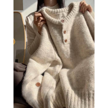 Large Version Thickened Soft Waxy Knitwear Women's Half Open Collar Button Knitwear Autumn and Winter Loose Inner Long-Sleeved Lazy Top