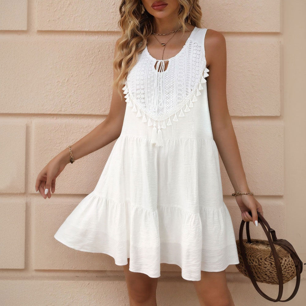 Bohemian White Sleeveless Dress Ethnic Style V Neck Tassel Detail Short Length Summer Beach Vacation Wear