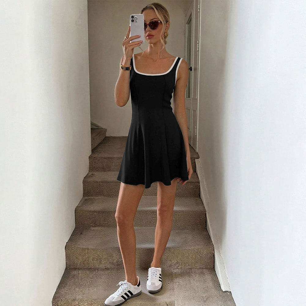 Sporty A Line Tennis Dress Sleeveless U Neck Color Block Slim Fit Summer Casual Wear Wholesale Available